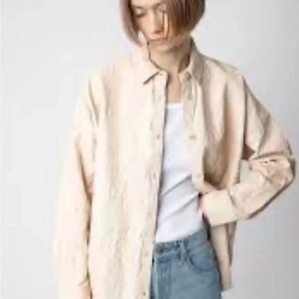 Zadig Tamara Crinkled Leather Shirt Jacket Beige Oversized Button-Up Jacket